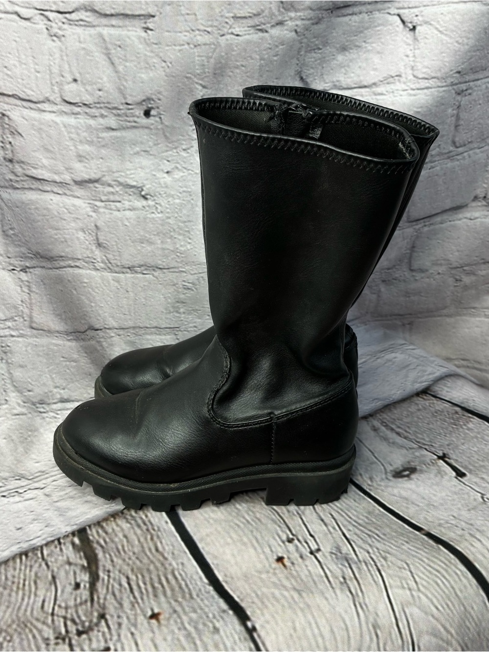 Steve Madden Girls Black Mid-Calf Zip-Up Pleather Lug Sole Boots Sz 11 AS IS GUC - Picture 3 of 11